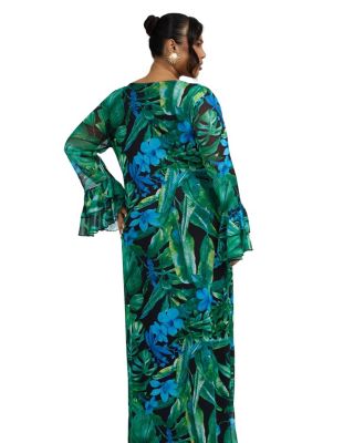 Ruffle Cowl Neck Palm Print Maxi Dress