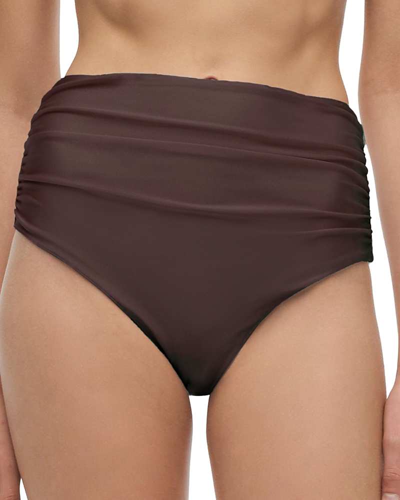 Simkhai Teya High Waisted Ruched Bikini Bottoms In Brown