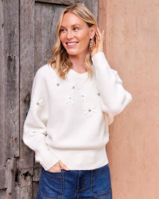 Rhinestone Embroidered Flower Sweater