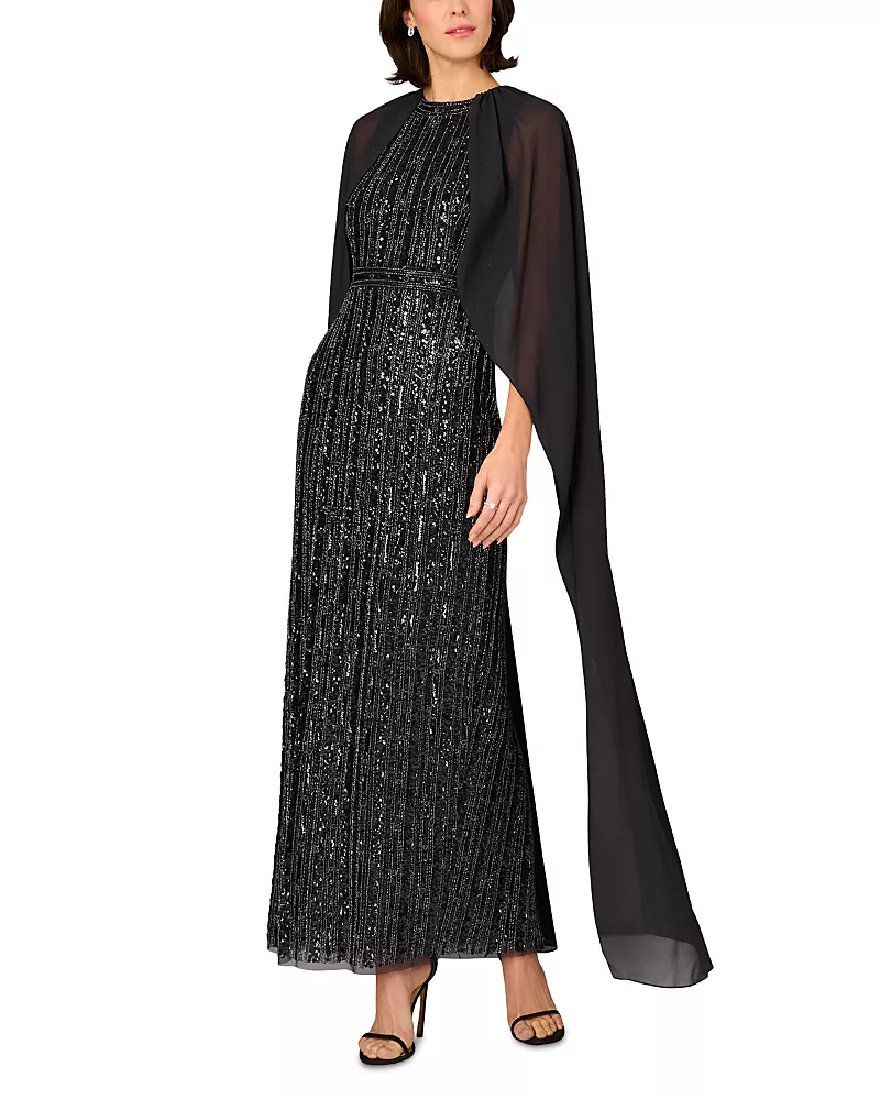 Aidan Mattox Beaded Cape Long Dress
