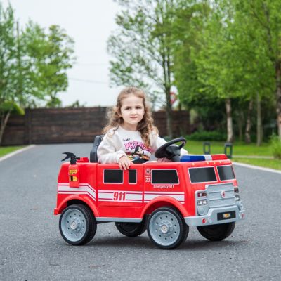  Fire Truck 12V Ride-On 3-8y: Sprinkler, Megaphone, RC, LED, Leather Seat - Ages 2-4