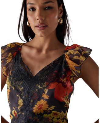 Lace Insert Frill Sleeve Midi Dress