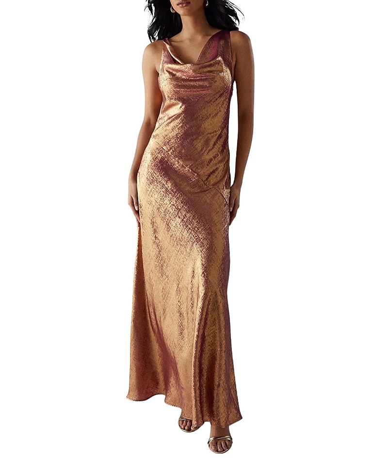Warehouse Metallic Lame Cowl Neck Maxi Dress In Gold