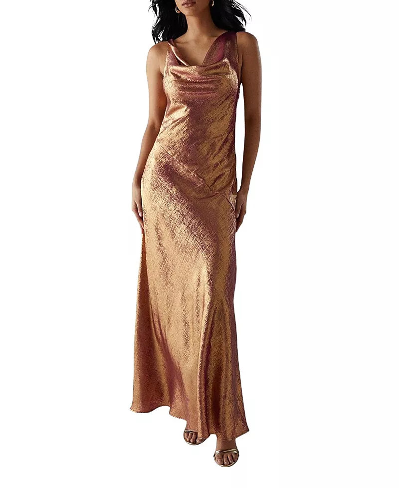 Warehouse Metallic Lame Cowl Neck Maxi Dress
