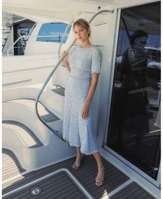 Women's Short Sleeve Beaded Trim Boucle Midi Dress