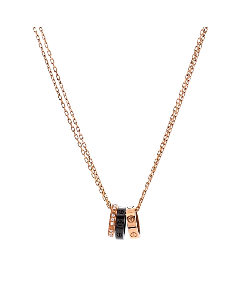Pre-owned Pre-owned Cartier Cartier Love 3 Ring Pendant Necklace 18k Rose Gold And Ceramic With Diamonds, 14.75 - 16" In Pink