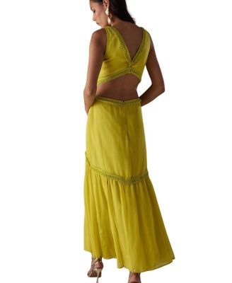 Chiffon Fringe Trim Cut Out Maxi Dress