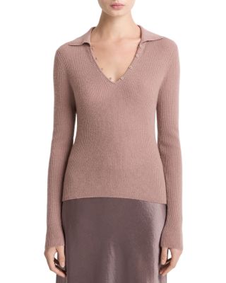 Cashmere Silk Ribbed Button Loop Polo Top