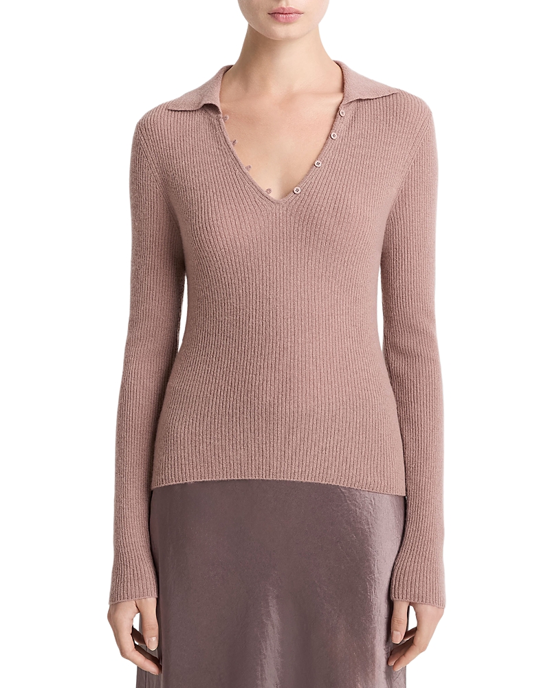 Vince Cashmere Silk Ribbed Button Loop Polo Top