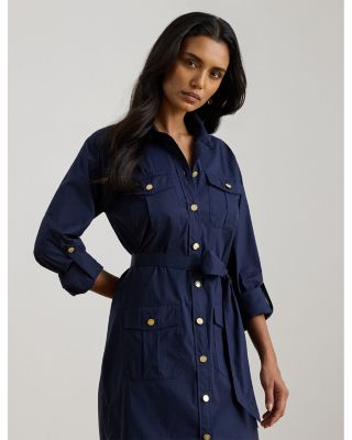 Cotton Blend Roll Tab Sleeve Shirtdress