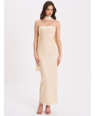  Raizell Beaded Sequin Bodycon Gown with Scarf