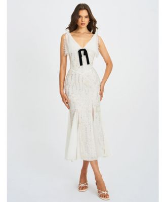  Paola Peter Pan Collar Beaded Sequin Mermaid Midi Dress