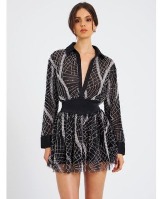  Rachelle Embroidered Mesh Mini Shirt Dress