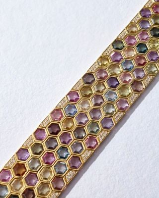 18K Yellow Gold Honeycomb Rainbow Sapphire & Diamond Pav&eacute; Cuff Bracelet