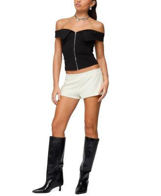 Collared Off Shoulder Zip Up Top