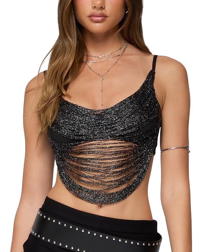 Edikted Ora Metallic Fringe Crop Top In Black