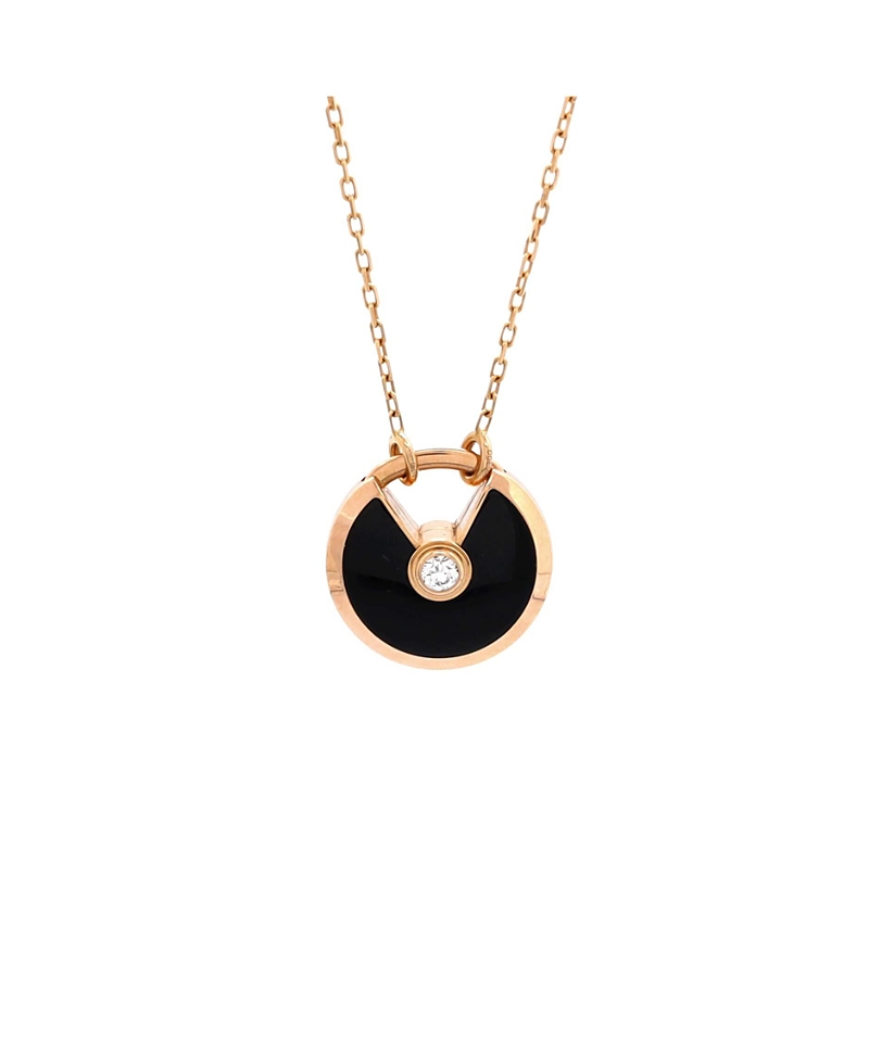 Pre-Owned Cartier Small Amulette de Cartier Pendant Necklace 18K Rose Gold with Onyx and Diamond, 23"