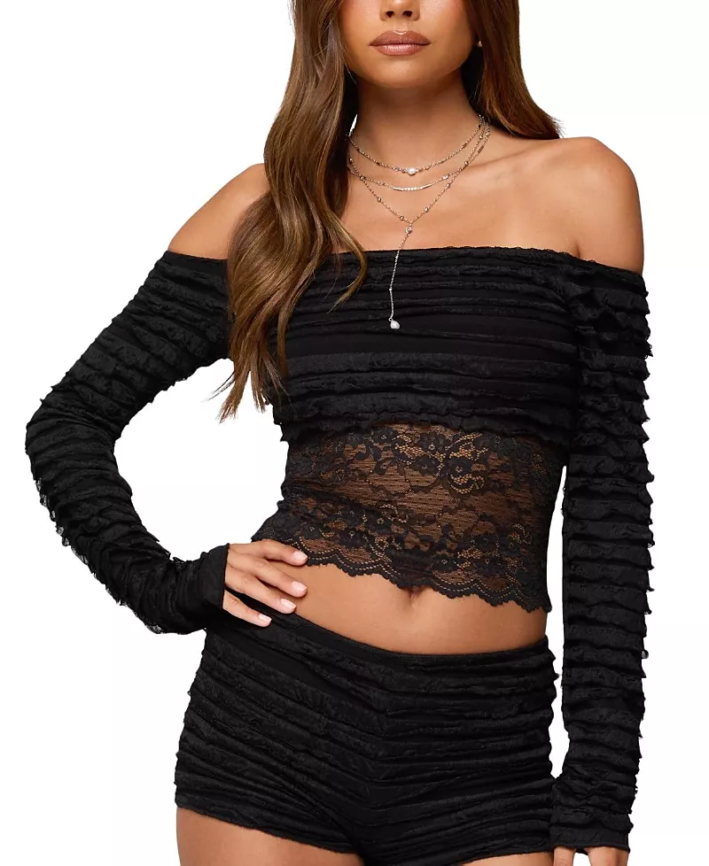 Edikted Tauri Lacey Ruffled Off Shoulder Top
