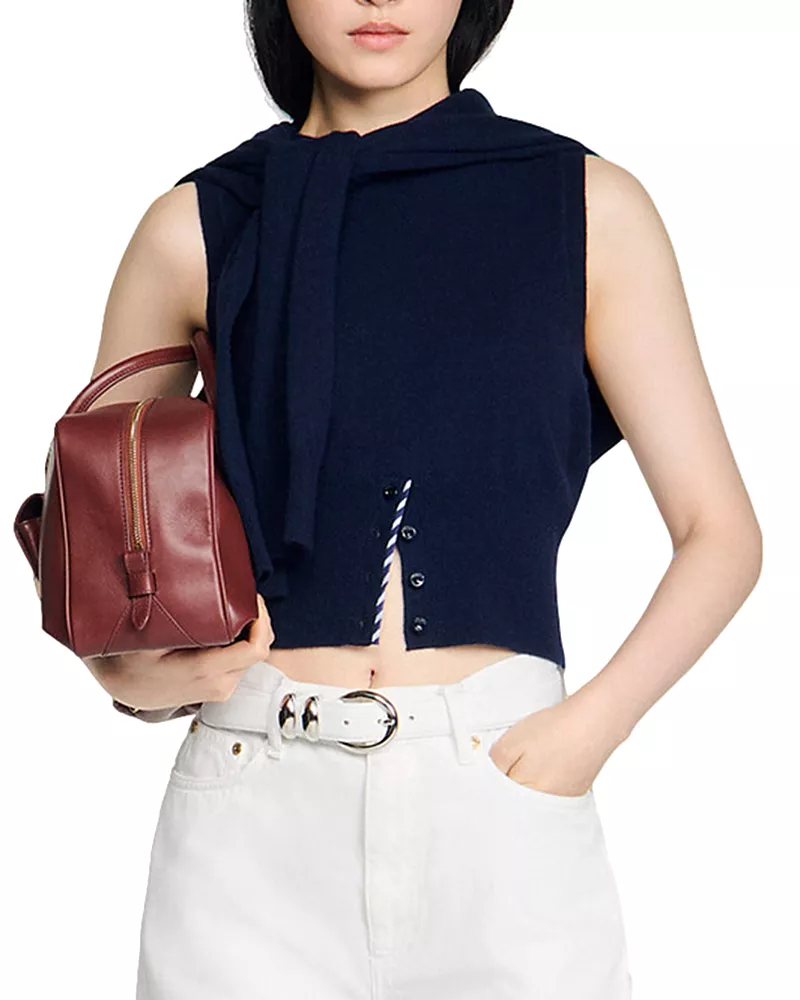 Sandro Dan Striped Trim Wool Sleeveless Cropped Sweater