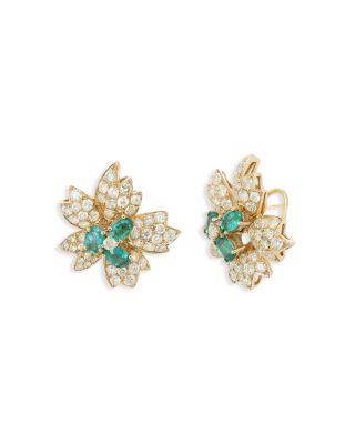 Emerald & Yellow Diamond Flower Stud Earrings in 18K Yellow Gold