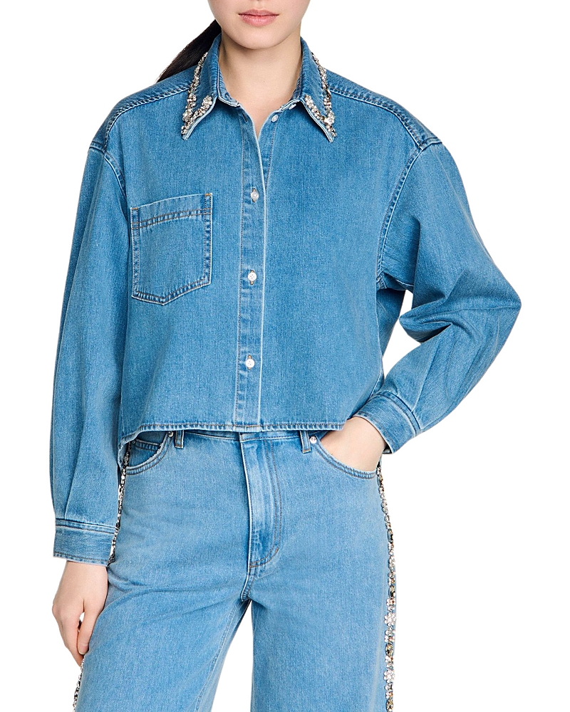 Sandro Carmella Denim Rhinestone Trim Cropped Shirt