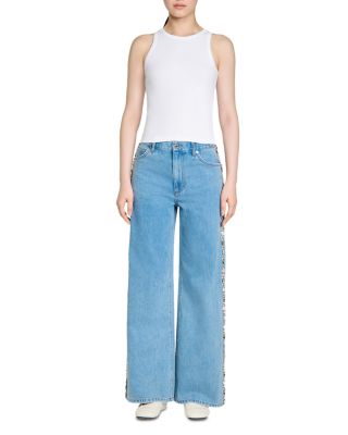 Calix Rhinestone Trim High Rise Wide Leg Jeans in Blue Jean