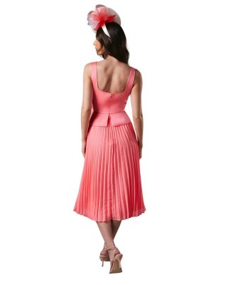  Peplum Cross Detail Pleated Midi Dress