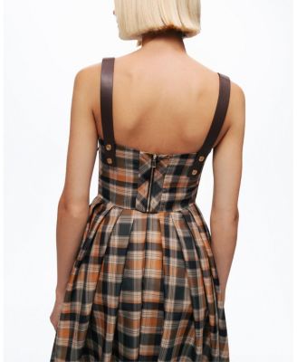  Plaid Pleated Maxi Dress with Faux Leather Belt