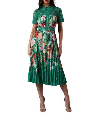 Lisa Tan Lace Pleated Printed Midi Dress