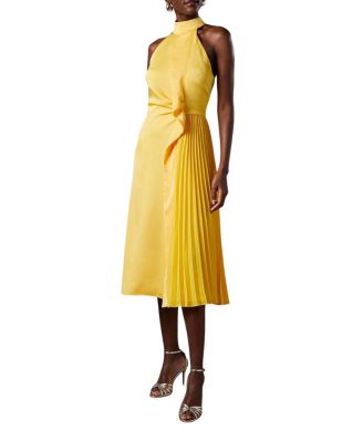 Halter Pleated Asymmetric Hem Midi Dress