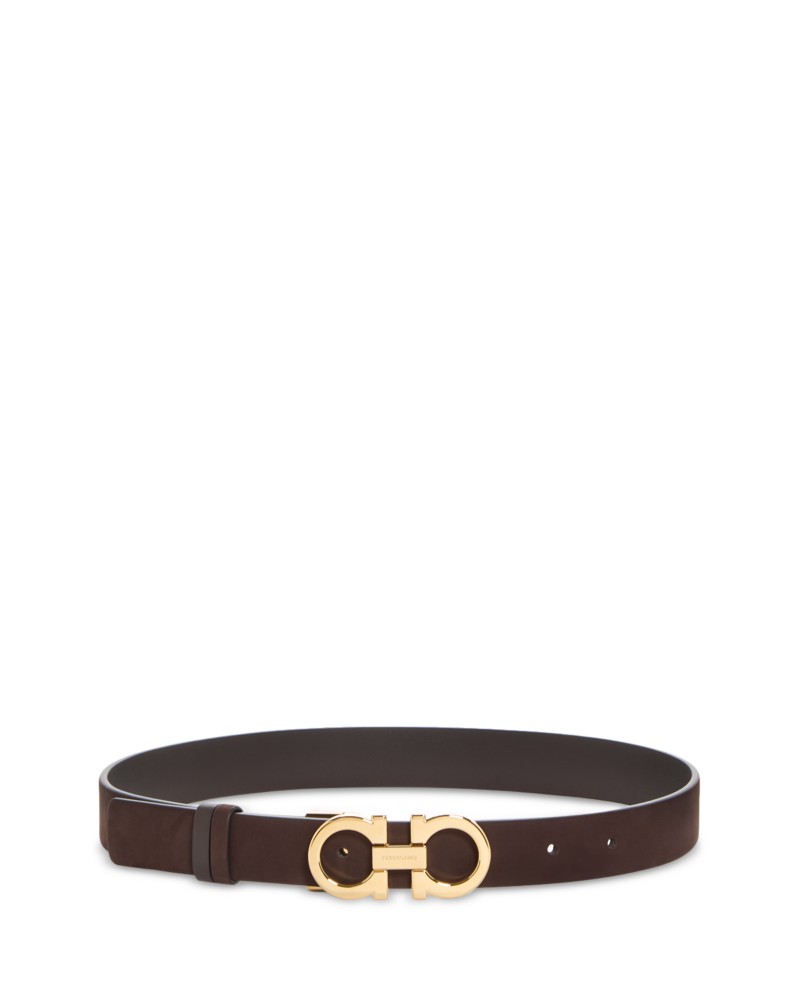 Ferragamo Women's Double Gancini Leather & Suede Reversible Belt in Testa Di Moro