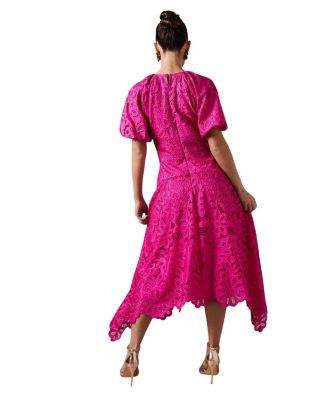 Lace Hanky Hem Puff Sleeve Dress