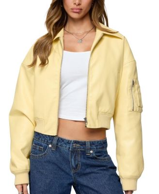Zayna Cropped Faux Leather Bomber Jacket