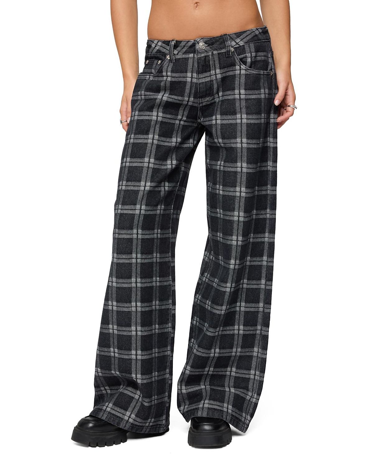 Edikted Kailani Plaid Low Rise Baggy Jeans
