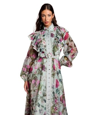 Long Sleeve Printed Organza Shirt Dress