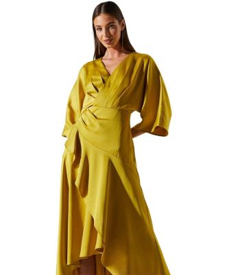 Satin Crepe Ruffle Wrap Midi Dress