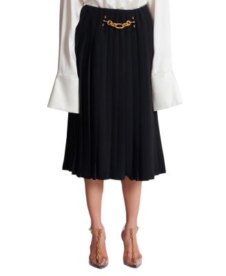 Balmain Pleated Silk Midi Skirt with Embellished Detail