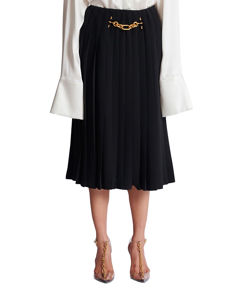 Balmain Pleated Silk Midi Skirt with Embellished Detail