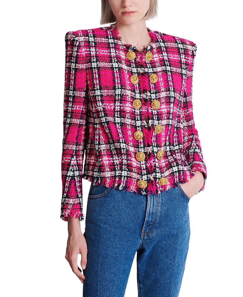 Balmain Cropped Jacket in Glitter Plaid Tweed