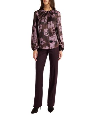 Elena Long Sleeve Twist Neck Blouse in Floral Twill Crepe