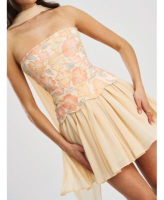 Quanisha Beaded Floral Mini Chiffon Dress with Scarf