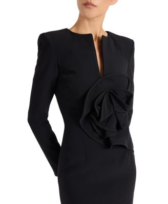 Maya Long Sleeve Midi Dress with Dramatic Floral Applique in Stretch Crepe