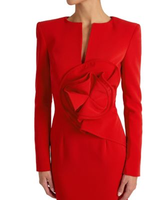 Maya Long Sleeve Midi Dress with Dramatic Floral Applique in Stretch Crepe