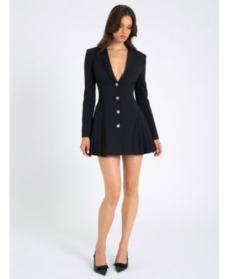 Ria Blazer Mini Dress with Crystal Button and Pleated Detail