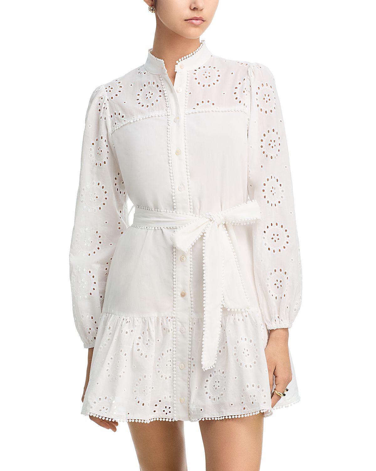 Aqua Eyelet Long Sleeve Mini Shirt Dress - Exclusive