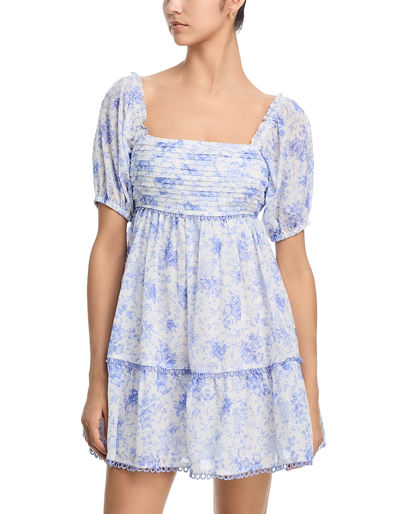 Aqua Floral Toile Puff Sleeve Mini Dress - Exclusive