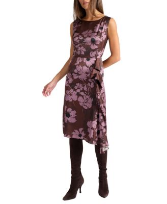  Nica Sleeveless Dress with Side Ruffle in Floral Twill Crepe