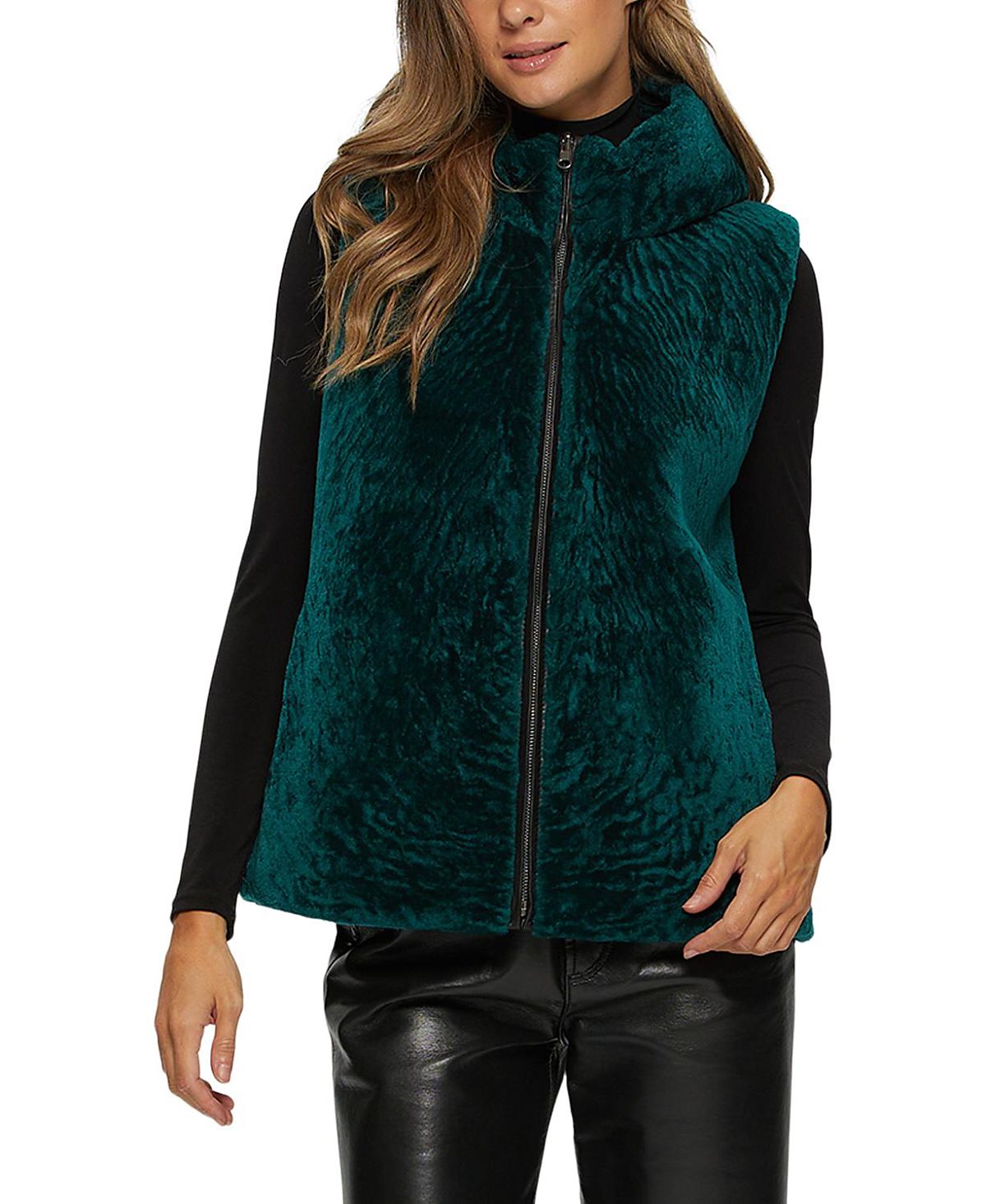 Gorski Shearling Lamb Zip Vest Hooded Reversible To Taffeta