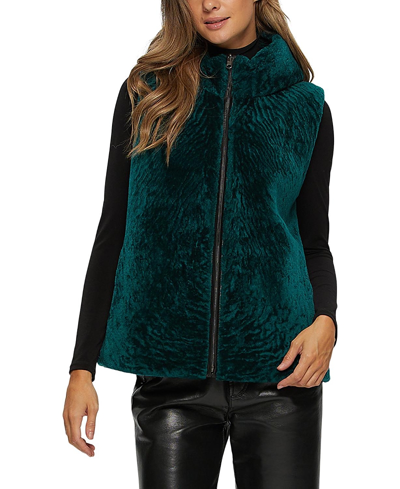 Gorski Shearling Lamb Zip Vest Hooded Reversible To Taffeta