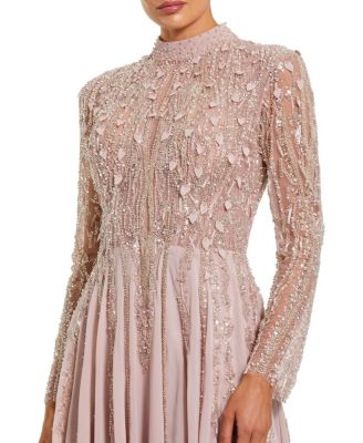  Embellished Long Sleeve Chiffon Skirt Gown